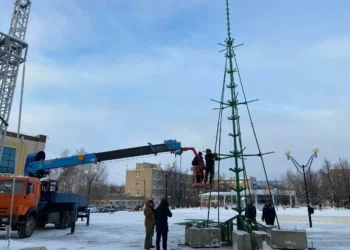 В Менделеевске начали устанавливать главную елку